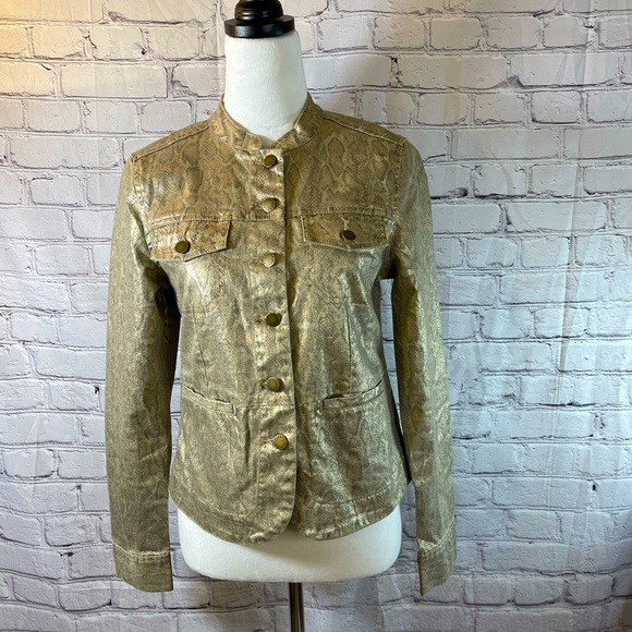 Dana Buchman‎ Womens Mock Collar Snake Skin Print Jacket Metallic Gold Si… - Picture 2 of 9